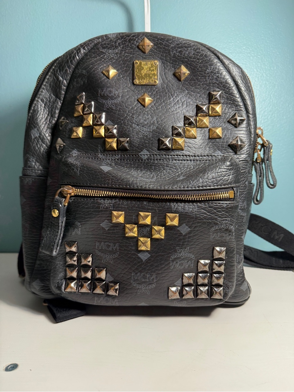 MCM Stark Visetos Studded Backpack – Black/Mixed Metal Studs